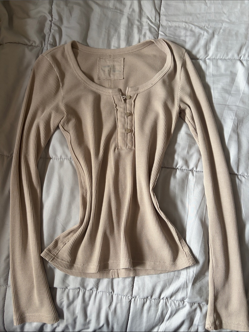 aerie Ribbed Henley Long-Sleeve Top in Light Taupe